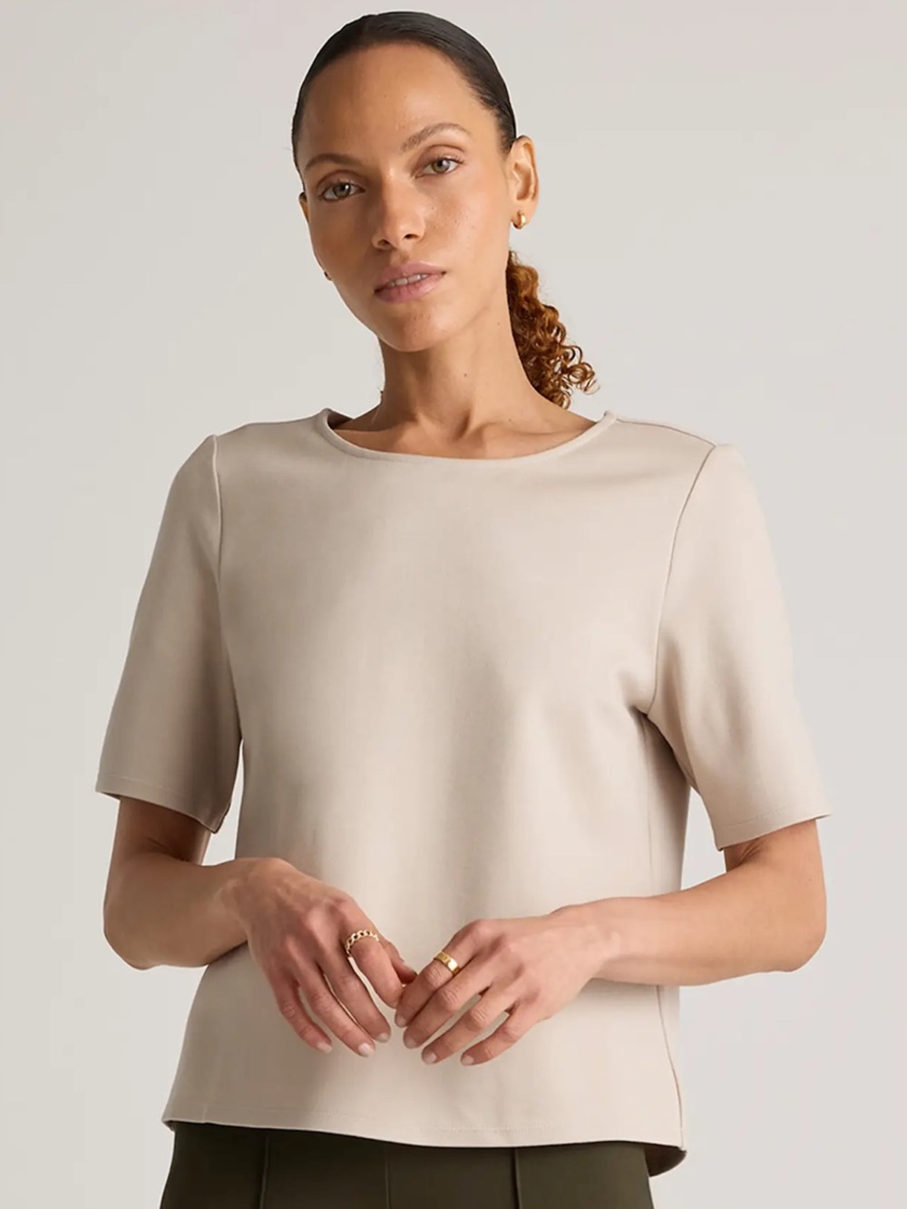 Quince Women's Short Sleeve Crewneck Top - Taupe Closet Staple Quality Basic